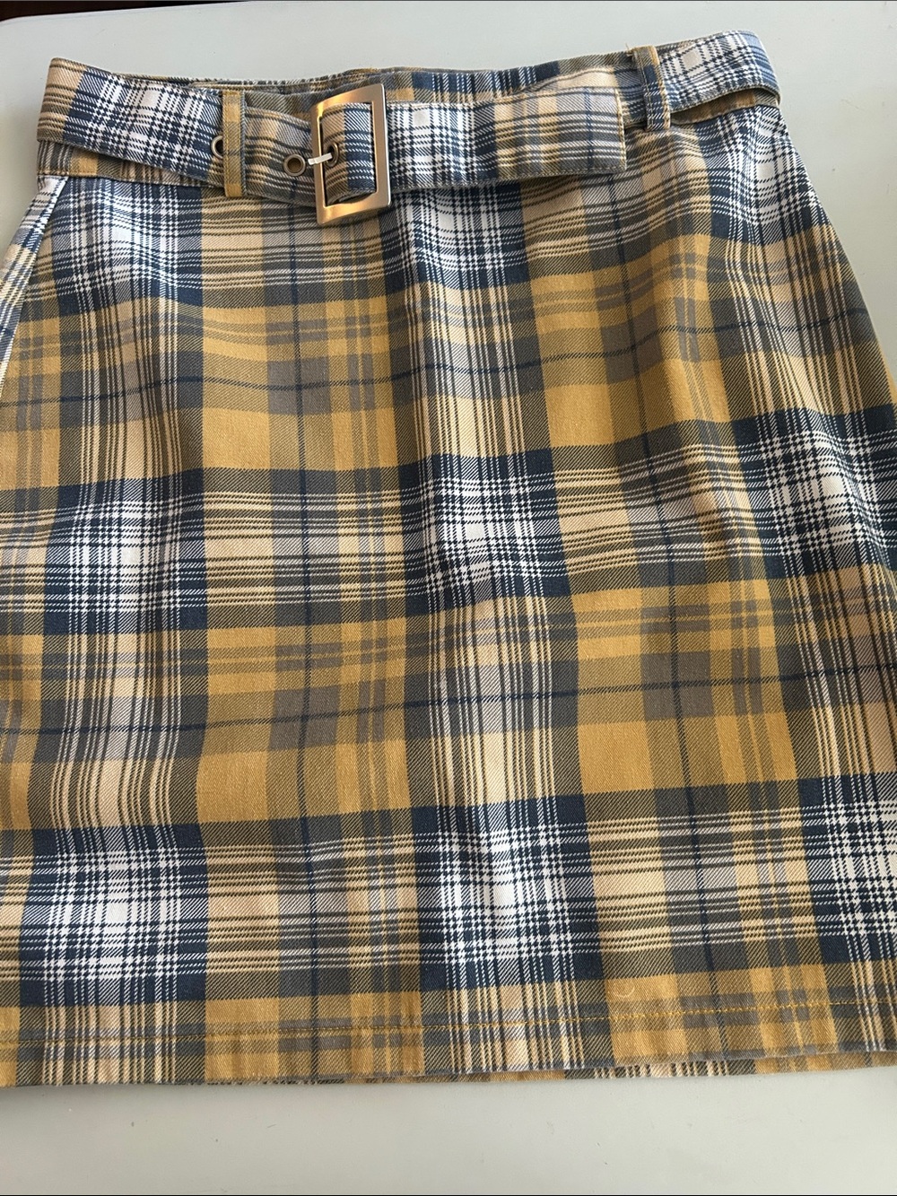 Ardene Mustard and Navy Plaid Mini Skirt with Buckle Belt